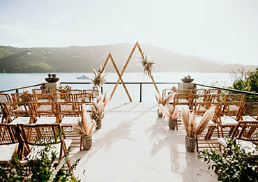 Loving couple kissing on a palm tree overhanging the water in St. Thomas USVI.